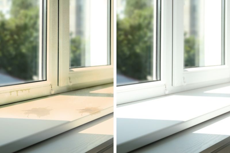 Cleaning window sill before and after