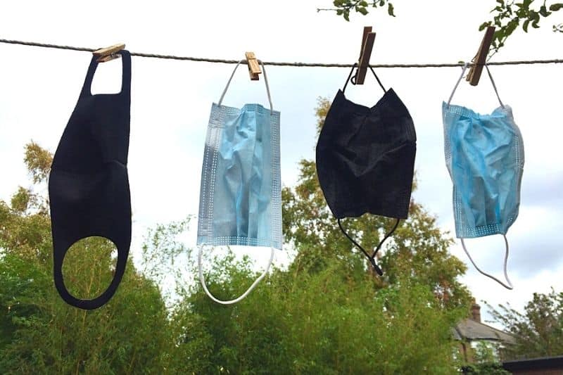 Washing line with face masks drying