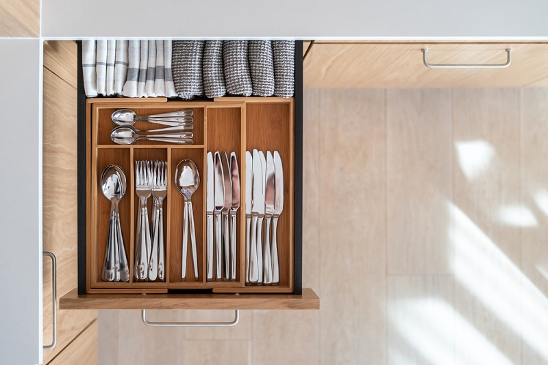 Stainless steel cutlery in drawer