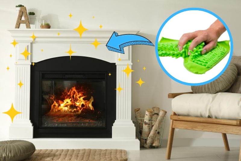 using microfiber cloth to wipe the fireplace down