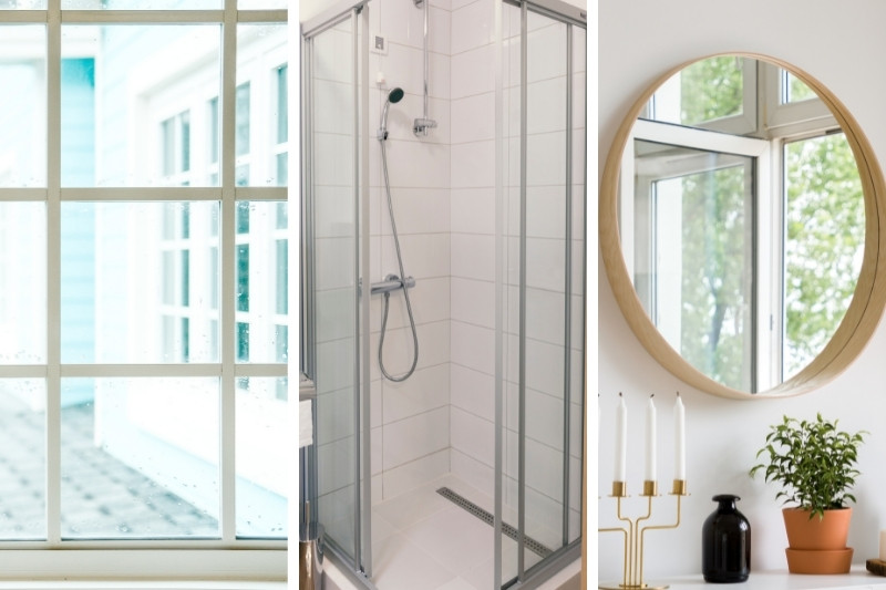 glass window shower door and mirror