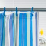 Blue and white shower curtain