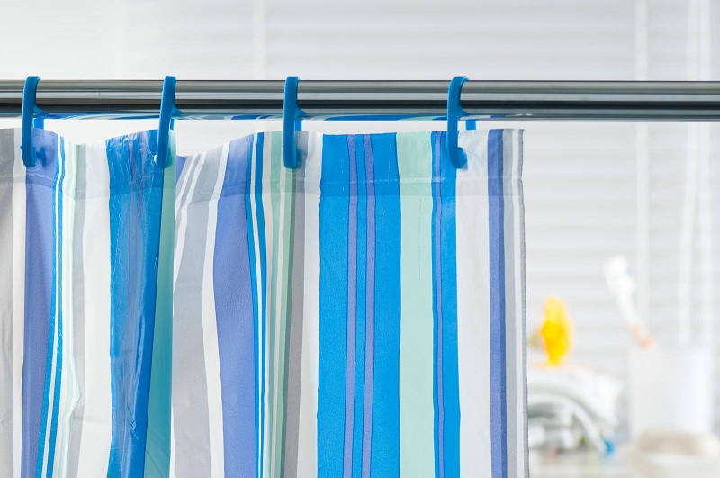 Blue and white shower curtain