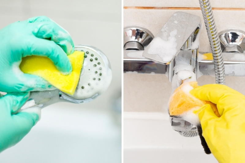 cleaning shower head and bath taps