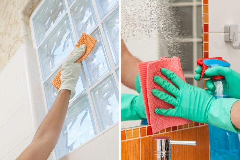 cleaning bathroom window and mirror