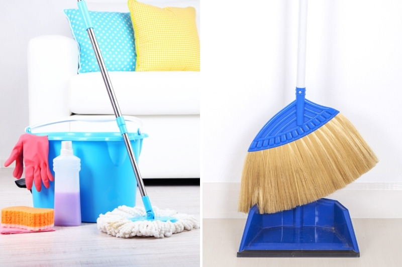mop and bucket, broom and dustpan