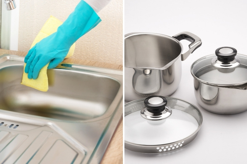 cleaning stainless steel sink and pans