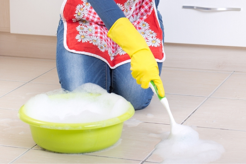 scrub tiled kitchen floor