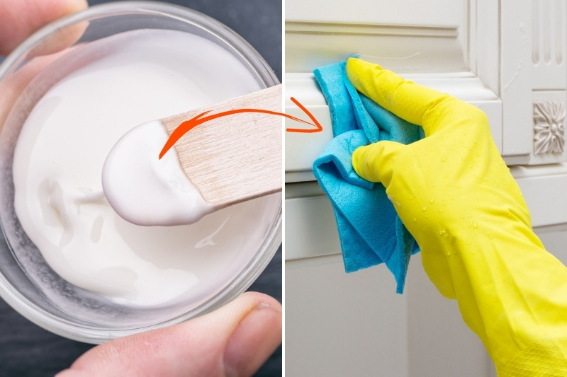 cleaning kitchen cabinet with baking soda paste