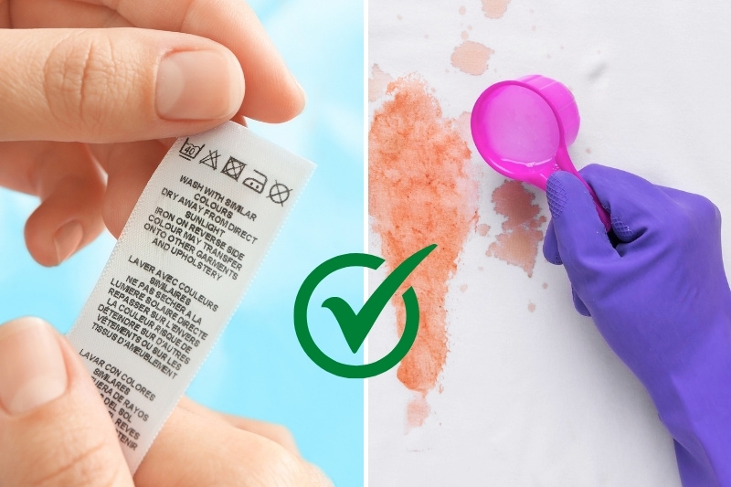 check care label and use gloves in stain treatment