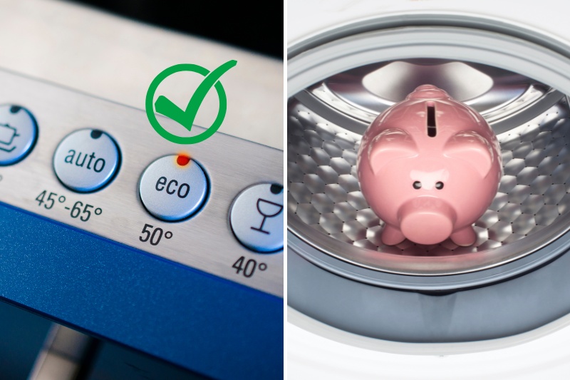 eco wash and piggy bank in washing machine