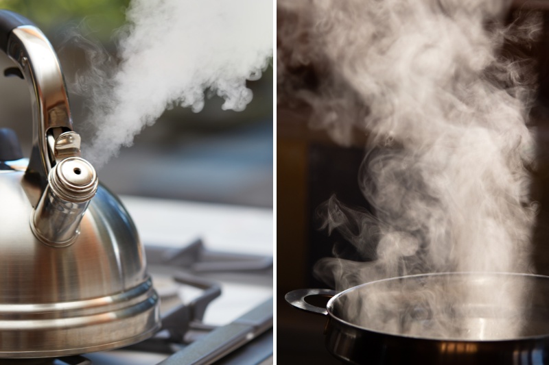 steam from kettle and pan