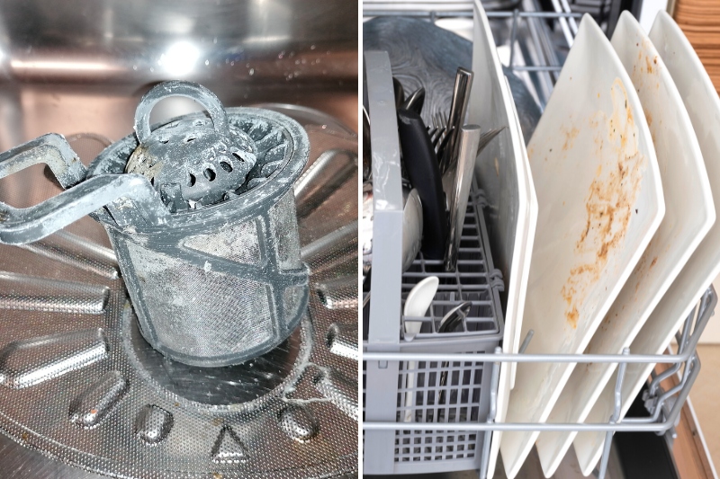 dirty dishwasher filter and dishes