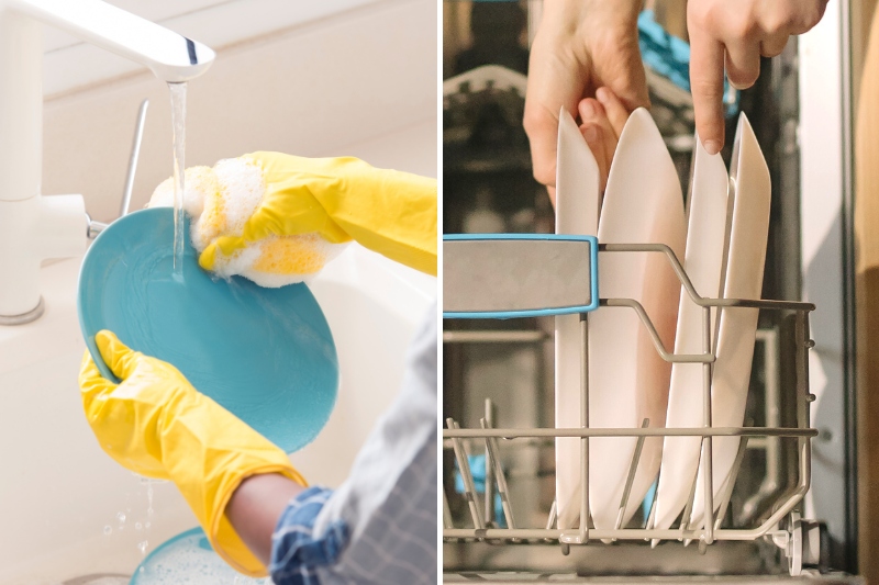 preparing dishes and stacking plates in dishwasher