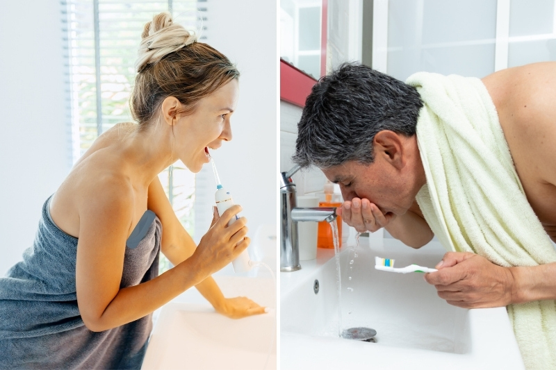 man and woman brushing teeth