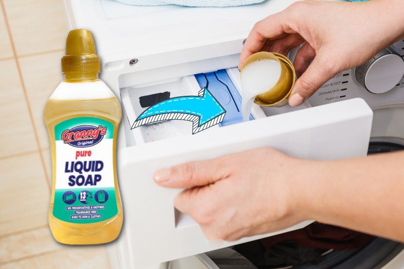 pouring pure liquid soap on detergent drawer
