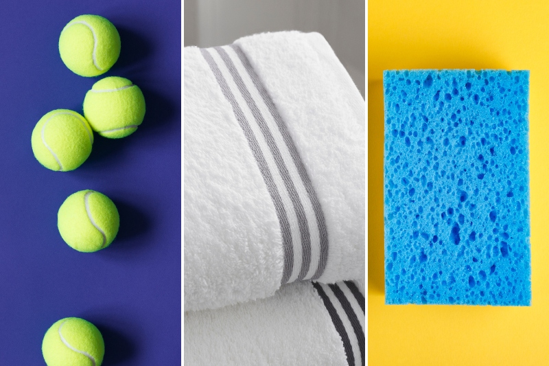 tennis balls, dry towel and sponge