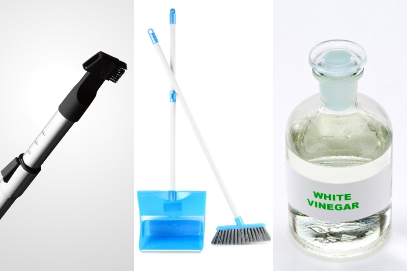 clean broom and dustpan with vacuum or vinegar