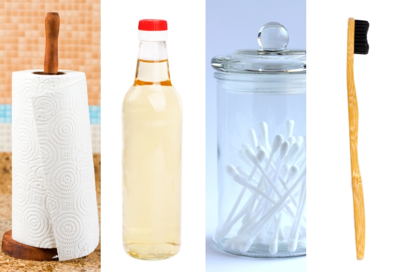 paper towel, white vinegar, q tips and toothbrush