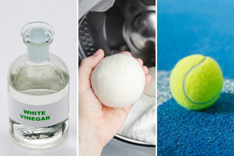 white vinegar, dryer ball and tennis ball