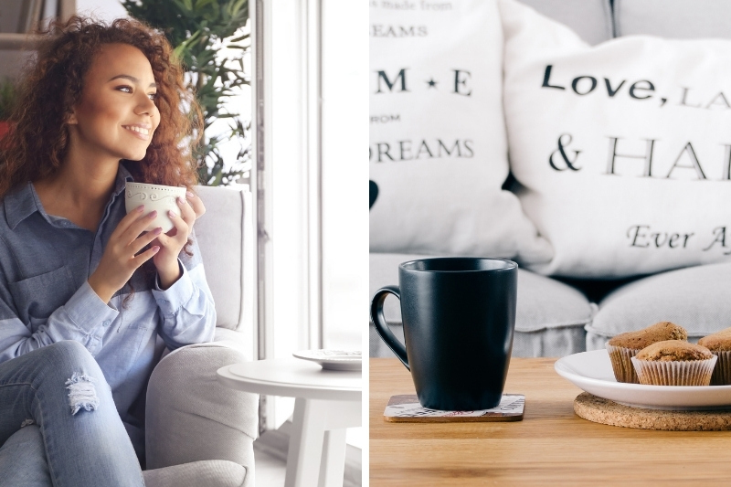 woman having coffee, a coffee table with coasters