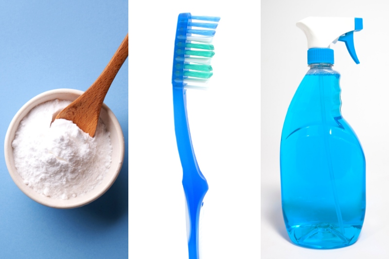 baking soda, toothbrush and spray bottle