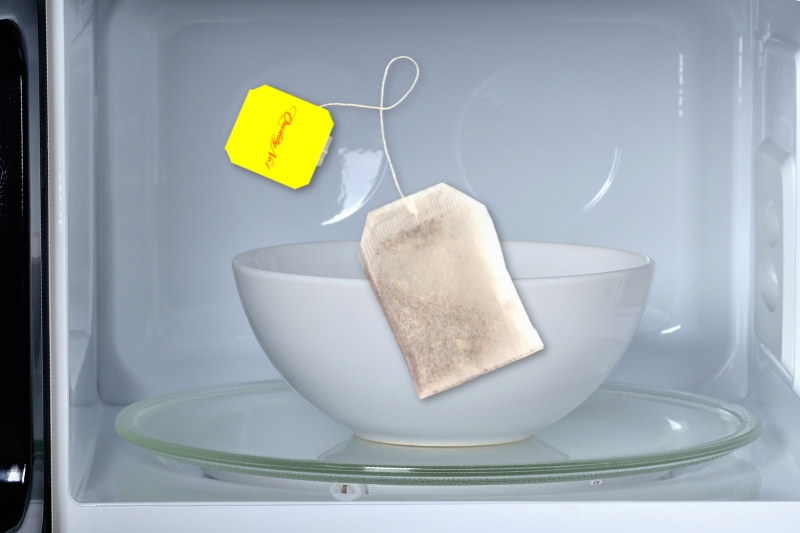bowl and tea bag in microwave