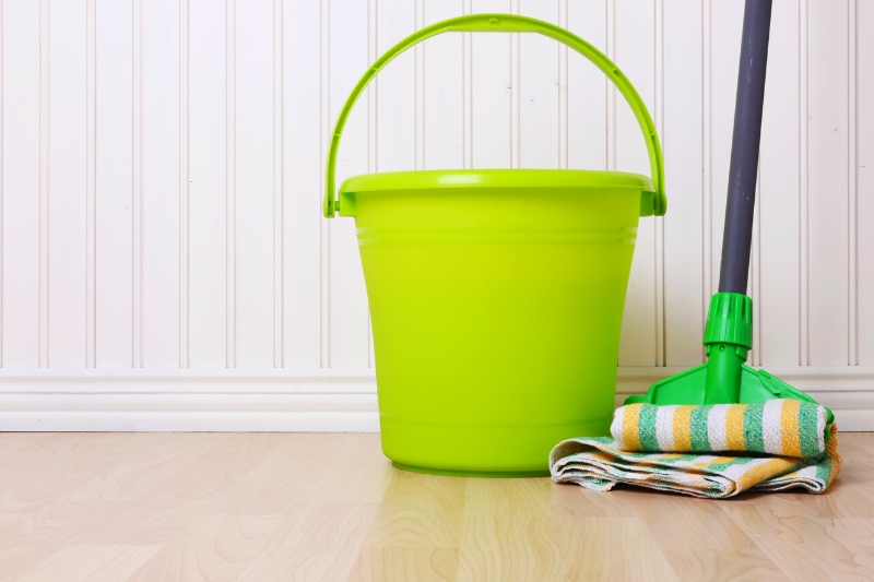 bucket of water and mop on floor