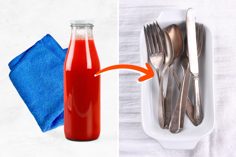 clean tarnished silver cutlery with ketchup