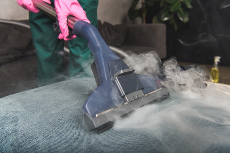 cleaning couch with steam cleaner