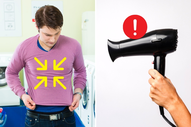 man with shrunk shirt and hair dryer