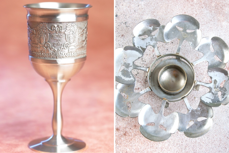 pewter chalice and candlestick