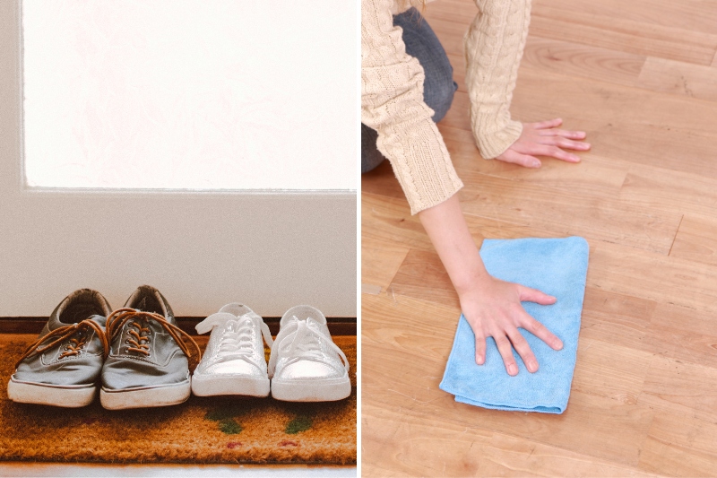 shoes, doormat and wiping spill on laminated floor