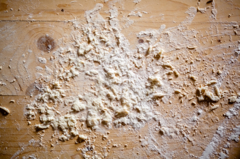 wet flour on the table
