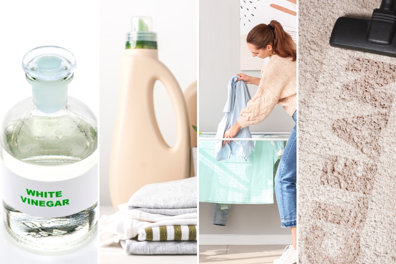 white vinegar, laundry detergent, drying clothes indoor and vacuuming carpet