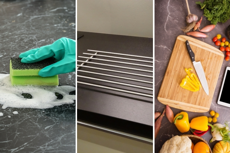 wiping countertop, trivet and chopping board