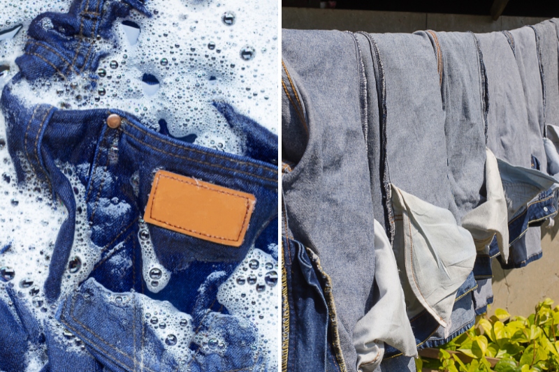 washing and drying denim jeans