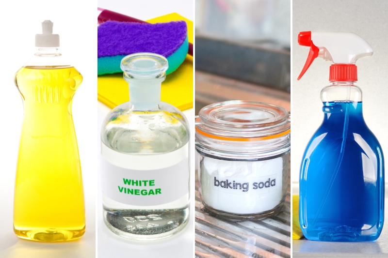 washing up liquid, vinegar, baking soda and cleaner