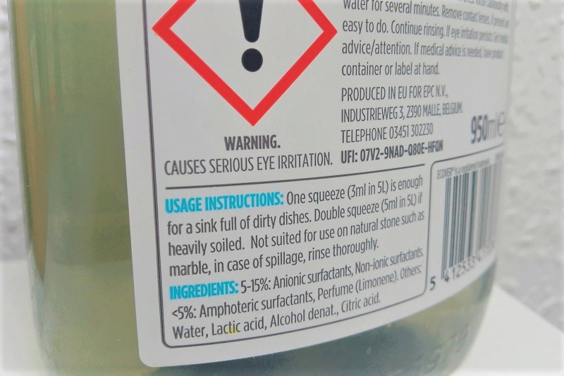 Washing up liquid ingredients label