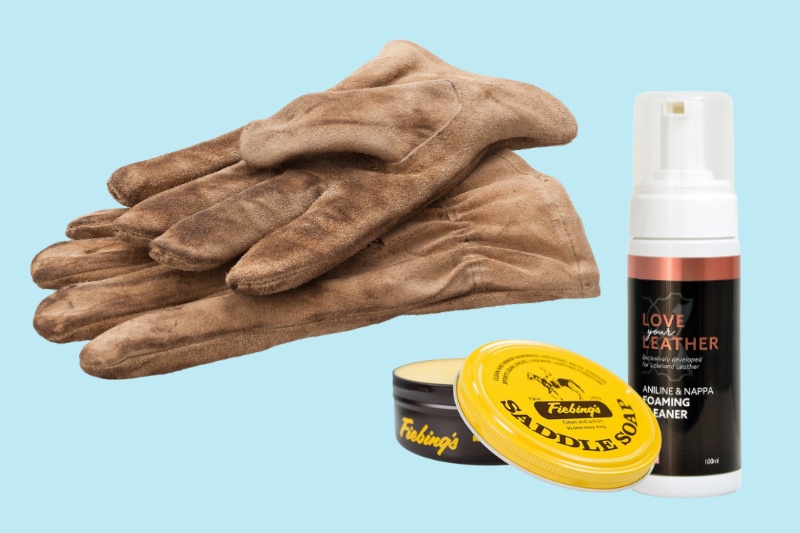 clean leather gloves with saddle soap and foam cleaner