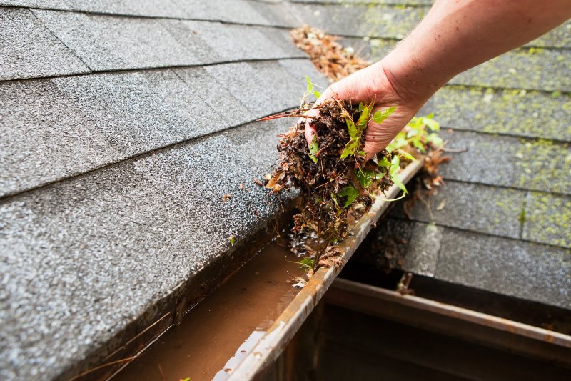 cleaning leaves on gutter