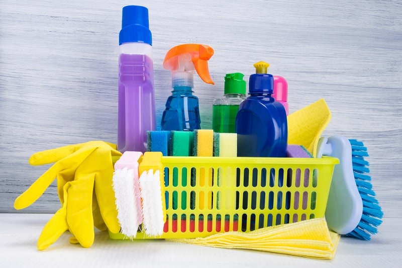 Cleaning products in basket