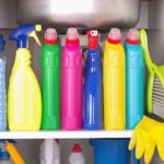 Cleaning products stored under kitchen sink