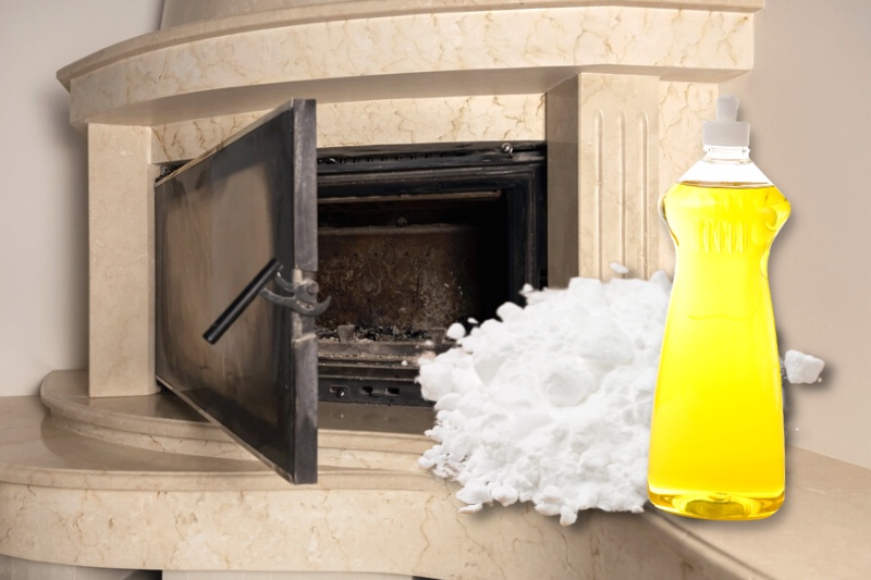 clean marble fireplace with washing up liquid and baking soda