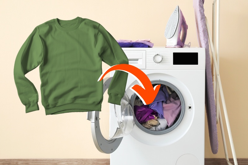 green sweatshirt, washing machine and iron
