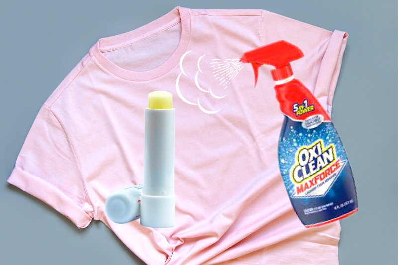 pink shirt, lip balm and stain remover