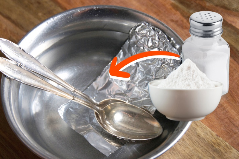 silverware, aluminium foil, baking soda and table salt