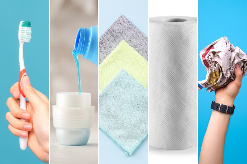 toothbrush, liquid detergent, cloth, paper towel and newspaper