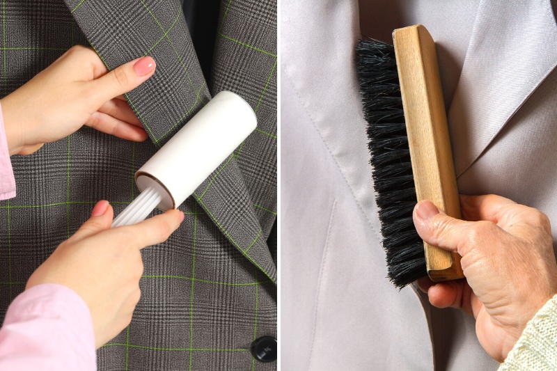 using lint roller and clothes brush on suit