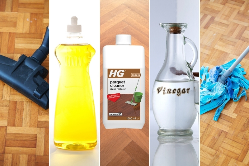 washing up liquid, white vinegar, vacuum cleaner, mop and parquet cleaner